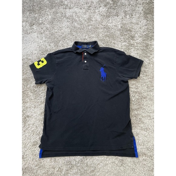 Polo Ralph Lauren Polo Shirt Mens Large Black Big Pony 3 Patch Custom Fit Logo - Picture 1 of 10